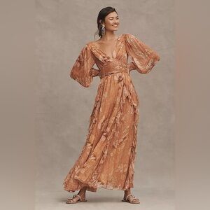 Anthropologie x BHLDN V-Neck Long-Sleeve Printed Chiffon Gown